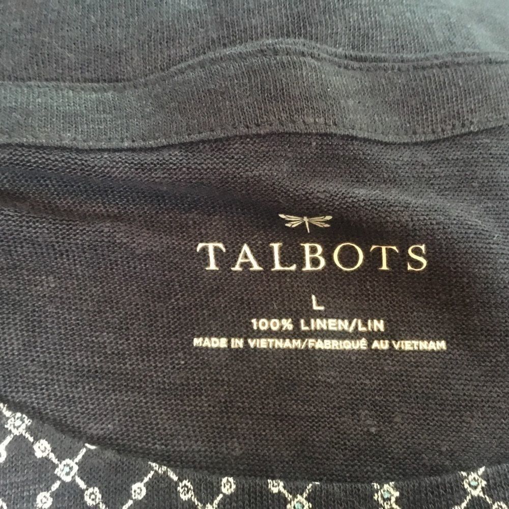 Talbots Women’s Sz L Navy Print Linen Blouse - Picture 6 of 8